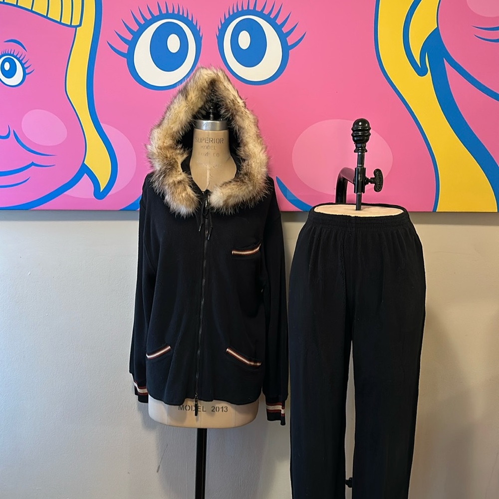 Jean Paul Gaultier Black terry cloth fur trim track suit